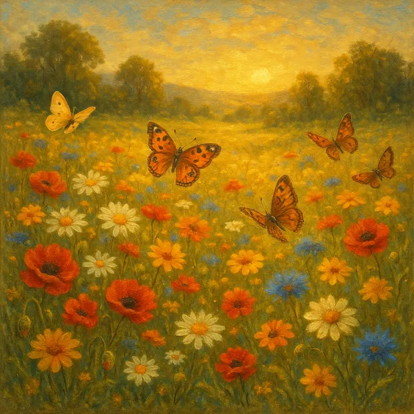 Discover a puzzle with a sunlit wildflower meadow where warm golden light washes over red poppies, white daisies, blue cornflowers and soft yellow blooms as gra