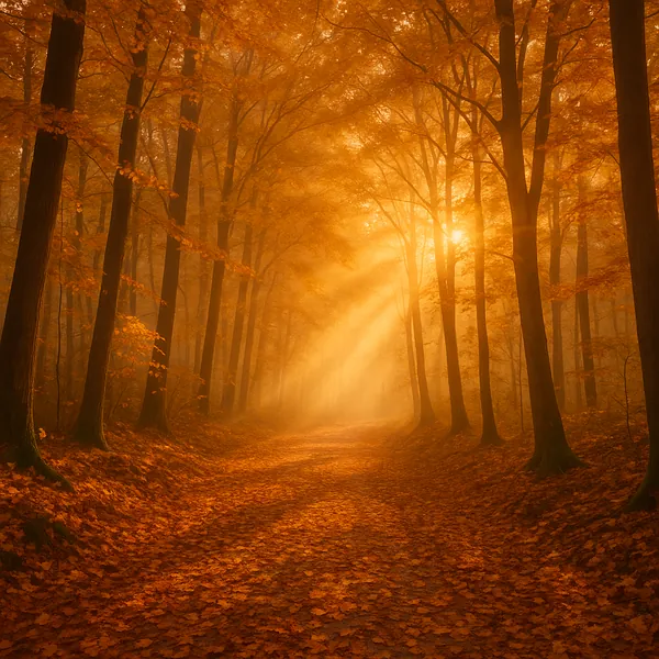 Discover a puzzle with a golden autumn forest path bathed in warm sunlight — tall trees line a leaf-strewn trail while soft sunbeams pierce gentle morning mist.