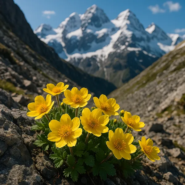 Discover a puzzle with a close-up of bright yellow alpine flowers set against a dramatic mountain valley and snow-capped peaks.