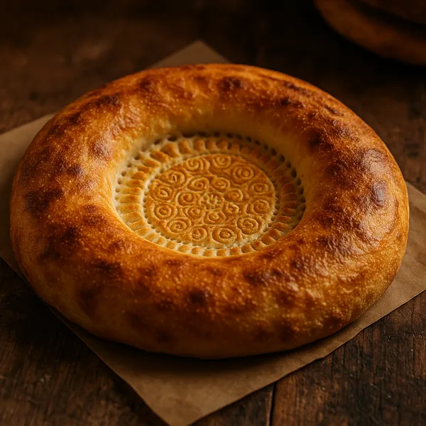 Enjoy assembling a puzzle depicting a beautiful round flatbread with a glossy golden-brown crust and an intricately stamped center pattern.