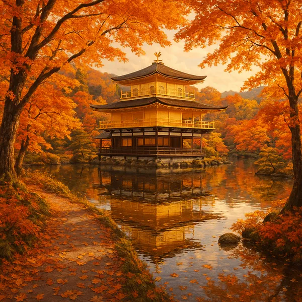 Discover a puzzle with a golden pagoda nestled in a serene autumn landscape, its warm ochre and amber tones mirrored perfectly in a glassy pond.