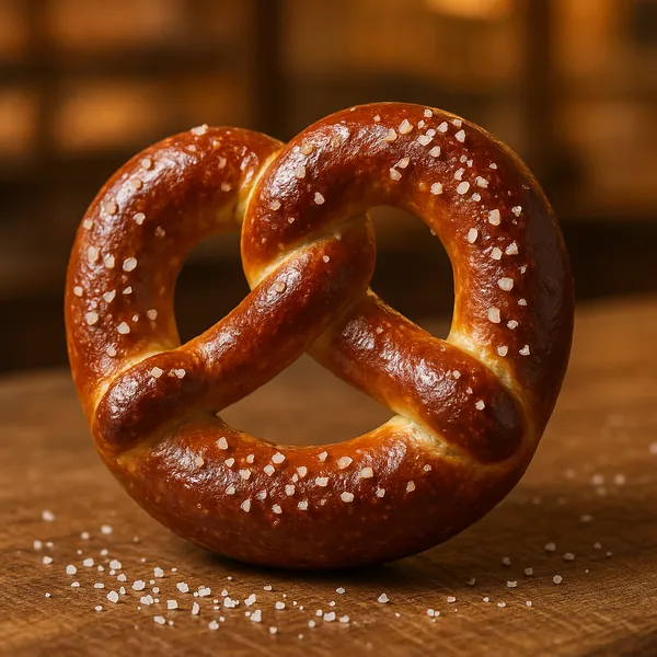 Discover a puzzle with a golden, glossy soft pretzel sprinkled with coarse sea salt, captured in a warm, cozy bakery close-up.