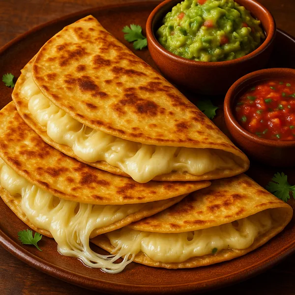 Enjoy assembling a puzzle depicting a stack of golden, cheese-filled quesadillas with gooey, stringy melted cheese oozing from warm, browned tortillas beside bo