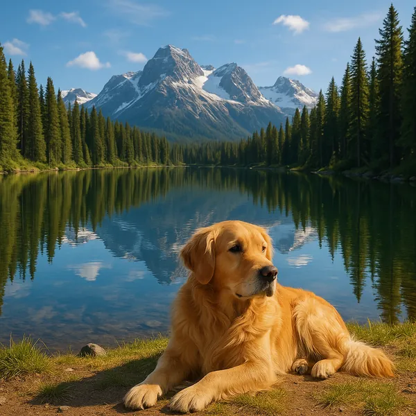 Discover a puzzle with a serene golden retriever resting on a grassy lakeshore framed by tall evergreen trees and a mirror-like mountain lake reflecting snow-ca