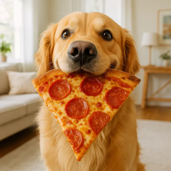 Enjoy assembling a puzzle depicting an adorable golden retriever gently holding a pepperoni pizza slice in its mouth, captured in warm golden tones and soft nat