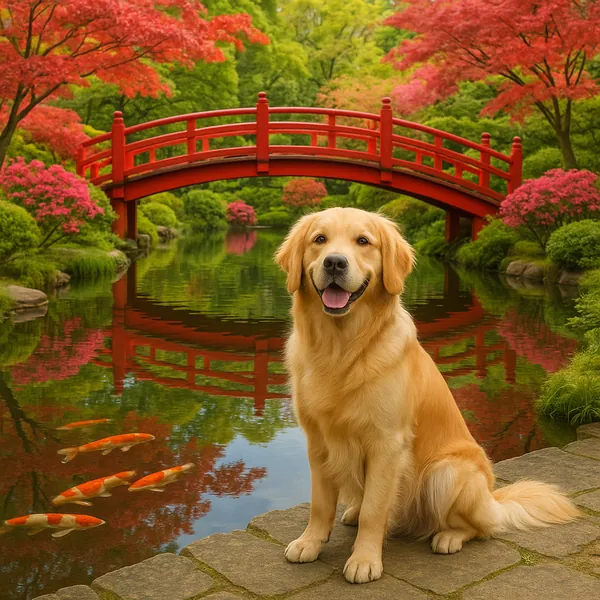 Discover a puzzle featuring a friendly golden retriever sitting beside a tranquil koi pond with a bright red arched bridge and lush green foliage dotted with pi