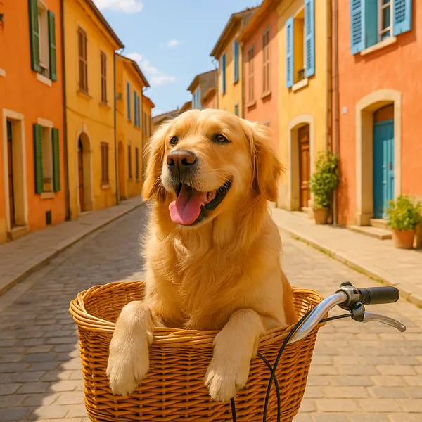 Discover a puzzle with an adorable golden retriever sitting happily in a woven bicycle basket on a sunlit cobblestone street.