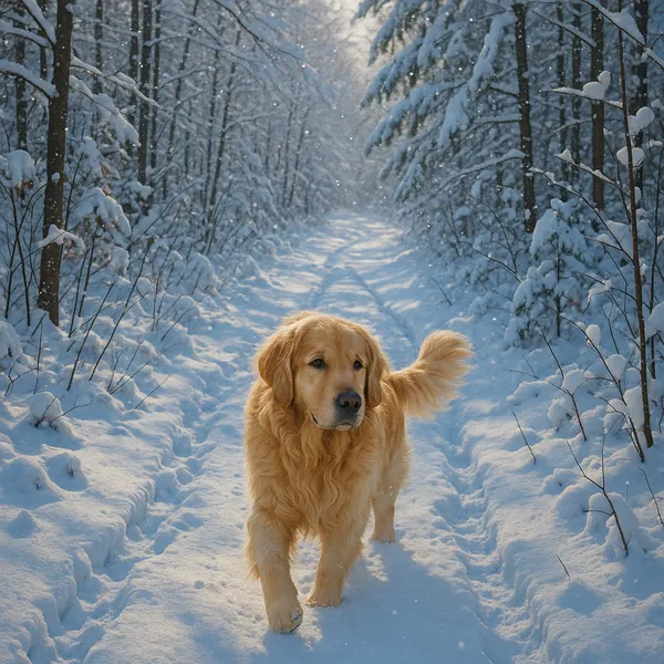 Discover a puzzle with a golden retriever strolling down a snow‑covered forest path, its warm, golden fur glowing against the cool blue tones of fresh winter sn