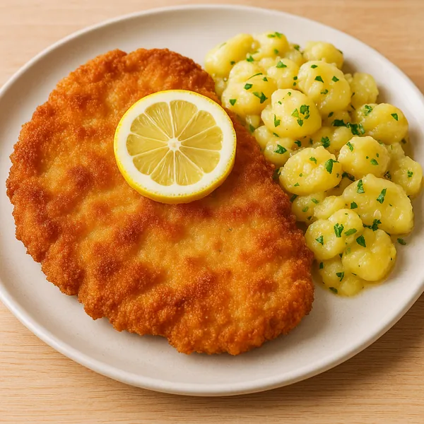 Discover a puzzle with a close-up of a golden, crispy breaded cutlet topped with a bright lemon slice, paired with buttery, herb-speckled potato gnocchi on a ne