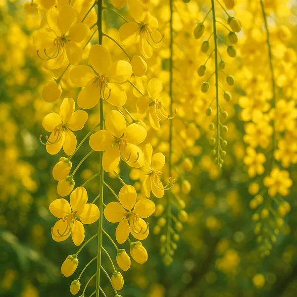 Discover a puzzle with cascading golden-yellow blossoms hanging in delicate clusters against a soft, sunlit green background — a close-up of warm, cheerful peta