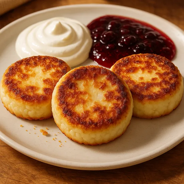 Discover a puzzle with a close-up of three golden-brown cottage cheese pancakes (syrniki) on a cream-colored plate, paired with a smooth swirl of sour cream and