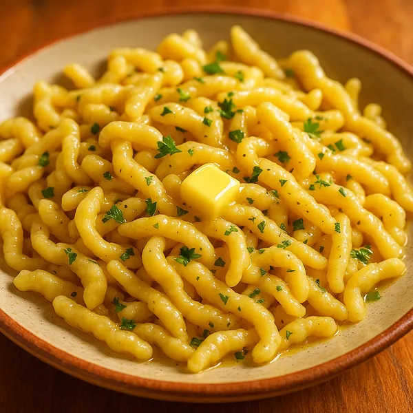Enjoy assembling a puzzle depicting a cozy bowl of buttery pasta glistening in warm golden tones, topped with a melting pat of butter and flecks of fresh green