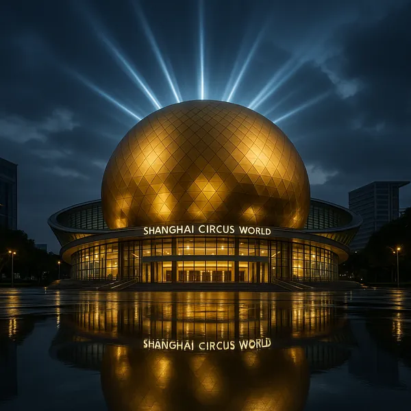 Discover a puzzle with the glowing golden sphere of Shanghai Circus World set against a moody blue-gray night sky, where dramatic beams of light fan upward and