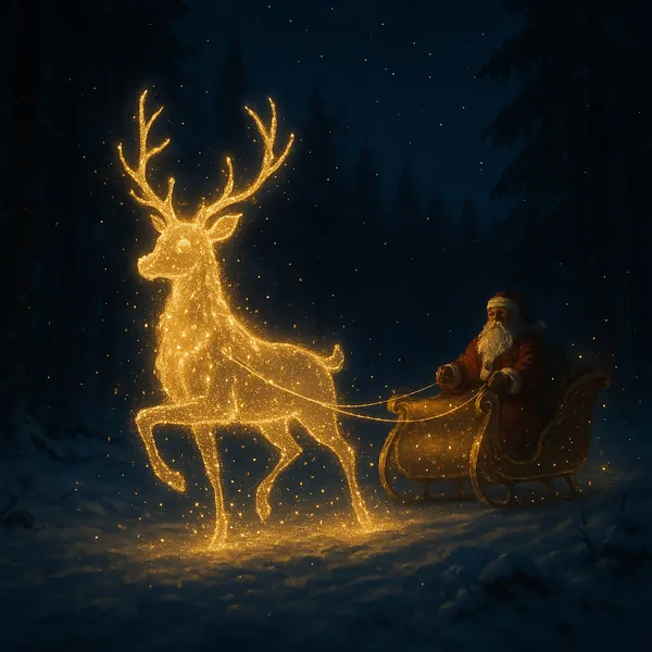 Enjoy an online jigsaw puzzle designed for browser play, featuring a magical holiday scene of a glowing reindeer guiding Santa through a snowy forest — a lovely