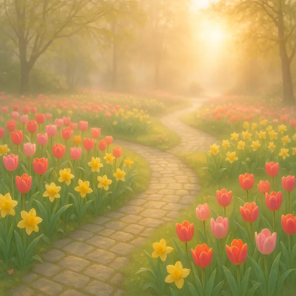 Discover a puzzle with a sunlit spring garden: a winding cobblestone path meanders through carpets of pink and coral tulips and bright yellow daffodils beneath