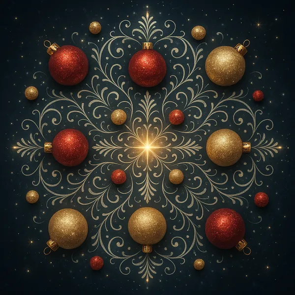 Enjoy an online jigsaw puzzle designed for browser play, featuring a festive holiday arrangement of glittering ornaments and elegant filigree.