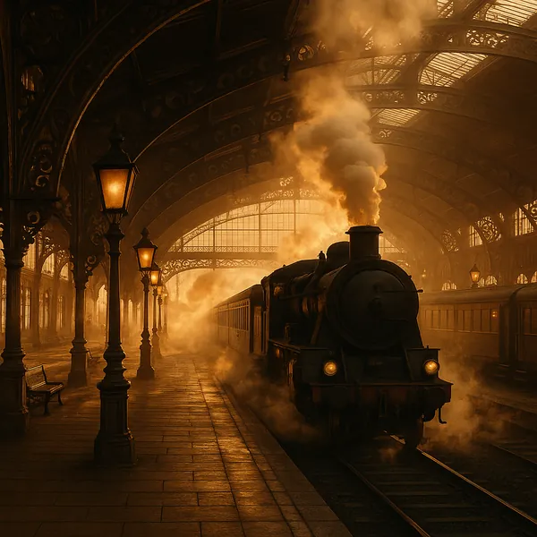 Discover a puzzle with a vintage steam train poised in an ornate, arched station bathed in warm golden light.