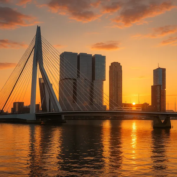 Discover a puzzle with a golden city skyline and a sleek cable‑stayed bridge silhouetted against a warm sunset.