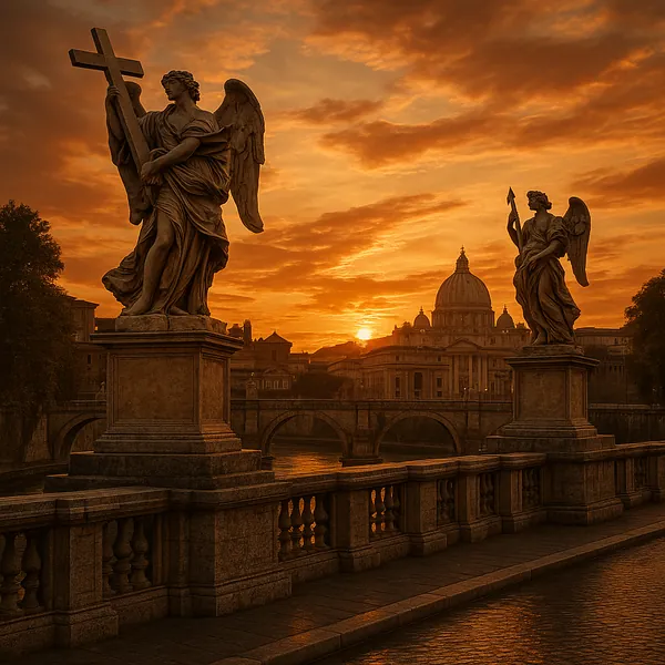 Discover a puzzle with a golden sunset over a historic riverside bridge, where graceful angel statues stand guard and a majestic domed basilica rises on the sky