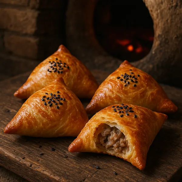 Discover a puzzle with golden-brown baked pastries arranged on a rustic wooden board, each triangular turnover topped with black sesame seeds and one gently bro