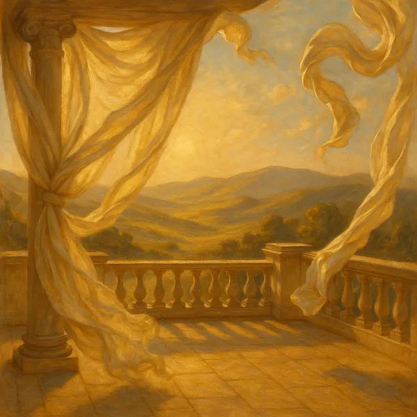 Discover a puzzle with a sunlit balcony scene showing billowing, translucent curtains tied to a classical column and a stone balustrade overlooking soft, rollin