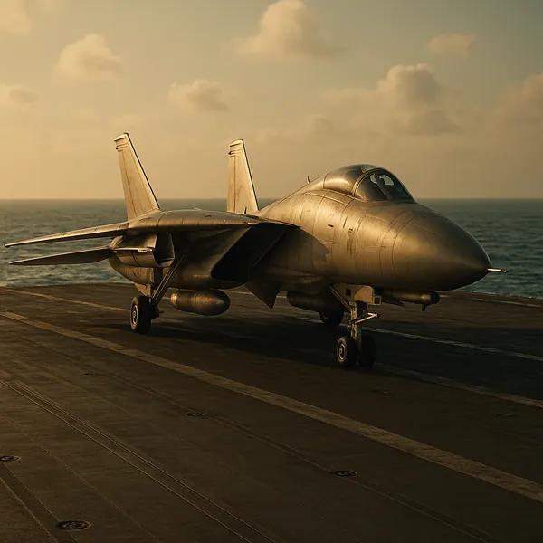 Discover a puzzle with a sleek military jet parked on an aircraft carrier deck at golden hour.