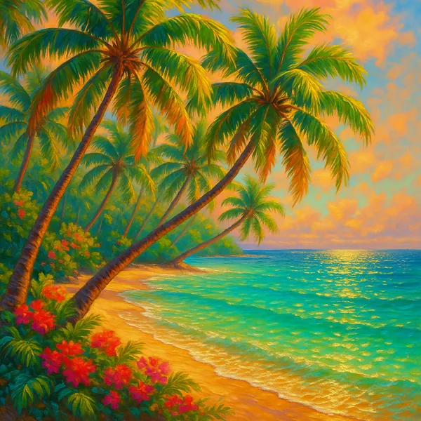 Try solving a puzzle that shows a sunlit tropical beach with leaning palm trees, turquoise waves, and a golden sunset sky.