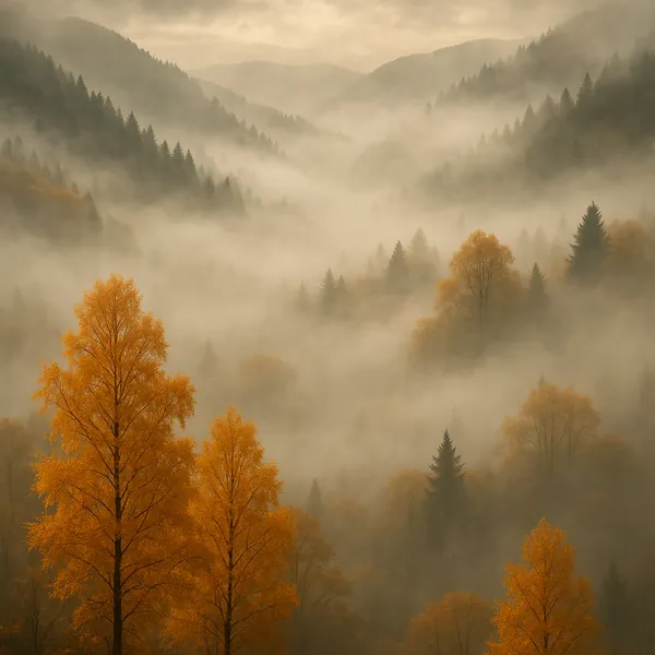 Discover a puzzle with a mist-filled mountain valley where golden autumn trees stand out against layers of dark pine silhouettes and soft, sepia-toned fog.