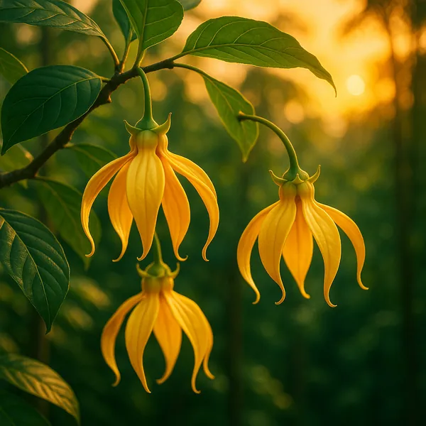 Discover a puzzle with three delicate, golden-yellow blossoms hanging from a leafy branch bathed in warm sunset light on PuzzleFree.Game.