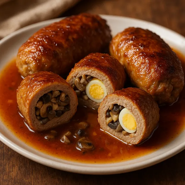 Discover a puzzle with a close-up of savory meat rolls sliced to reveal a mushroom and quail-egg filling, glazed in a glossy brown sauce on a simple white plate