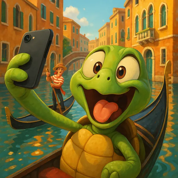 Discover a puzzle with a cheerful cartoon sea turtle taking a selfie aboard a gondola as sunlit Venetian canals and warm ochre buildings reflect in the water.