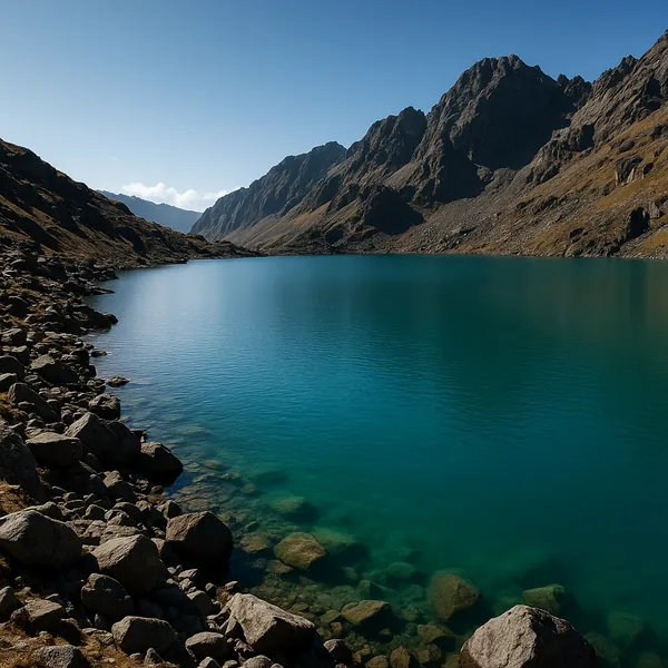 Discover a puzzle with a serene alpine lake framed by rugged mountain peaks and a rocky shoreline, perfect for PuzzleFree.Game.