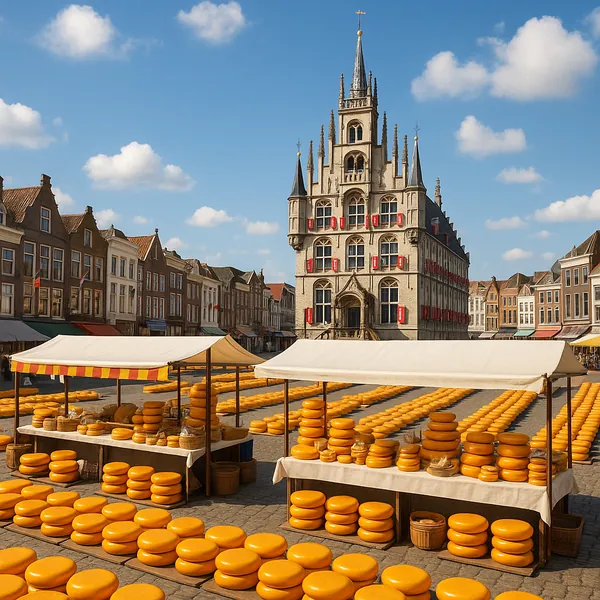 Discover a puzzle with a sunlit traditional cheese market spread across a historic European town square, where neat rows of glossy orange cheese wheels fill the