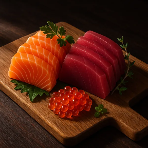 Discover a puzzle with beautifully arranged sashimi on a wooden board: vibrant orange salmon slices with delicate white marbling sit beside deep ruby-red tuna,