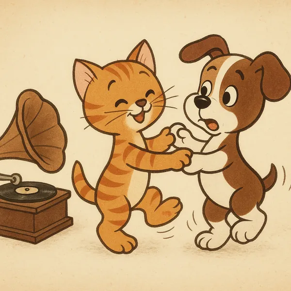 Discover a puzzle with a cheerful cartoon orange tabby cat and a brown-and-white puppy dancing paw in paw beside a vintage gramophone.