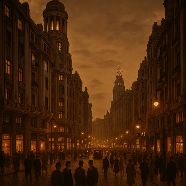 Discover a puzzle with a vintage city street scene bathed in warm sepia tones, showing tall ornate buildings, glowing shop windows, and lamplit avenues at dusk.