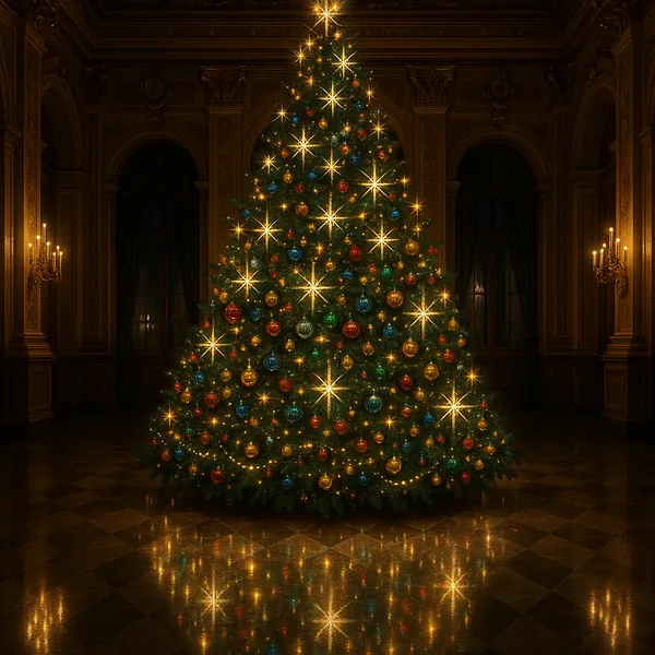 This online jigsaw puzzle features a grand, festively decorated Christmas tree set inside an elegant, dimly lit hall — a perfect holiday-themed scene to enjoy i