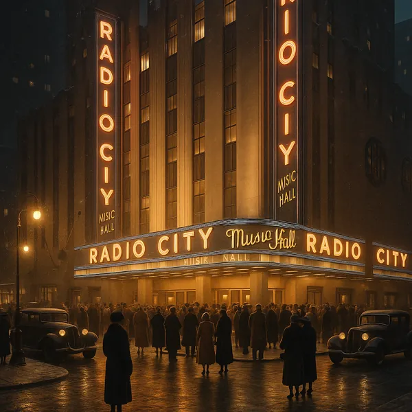 Enjoy an online jigsaw puzzle designed for browser play, featuring a classic city nightlife scene centered on the glowing marquee of Radio City Music Hall.