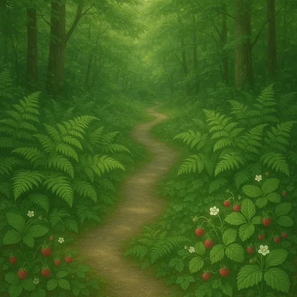 Discover a puzzle with a winding woodland path framed by lush ferns and wild strawberry plants, all rendered in soothing shades of green and soft earth tones.