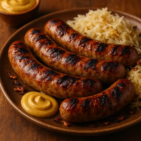 Discover a puzzle with a close-up of four golden-brown grilled sausages nestled on a rustic plate beside tangy sauerkraut and a swirl of mustard.