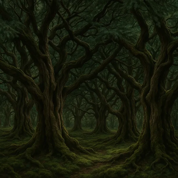 Discover a puzzle with an ancient, moss‑covered forest of gnarled trees twisting into a deep, emerald canopy.