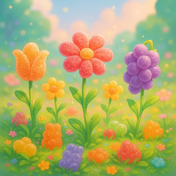 Enjoy an online jigsaw puzzle designed for browser play, featuring a whimsical nature scene of candy-like flowers in a sunlit meadow.