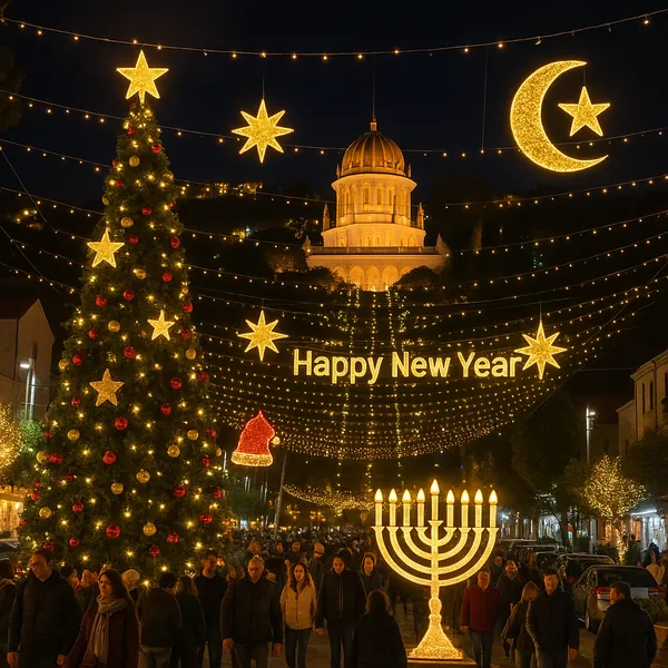 Discover a puzzle with a glowing nighttime festival scene: a towering, ornamented Christmas tree, a bright menorah, and strings of golden star and crescent ligh
