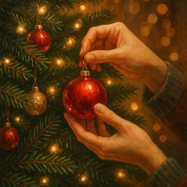 Enjoy an online jigsaw puzzle designed for browser play, featuring a cozy holiday scene of Christmas tree decorations and warm seasonal cheer.