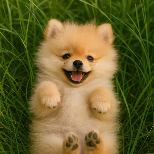 Discover a puzzle with an adorable fluffy Pomeranian puppy lying on its back in vibrant green grass.