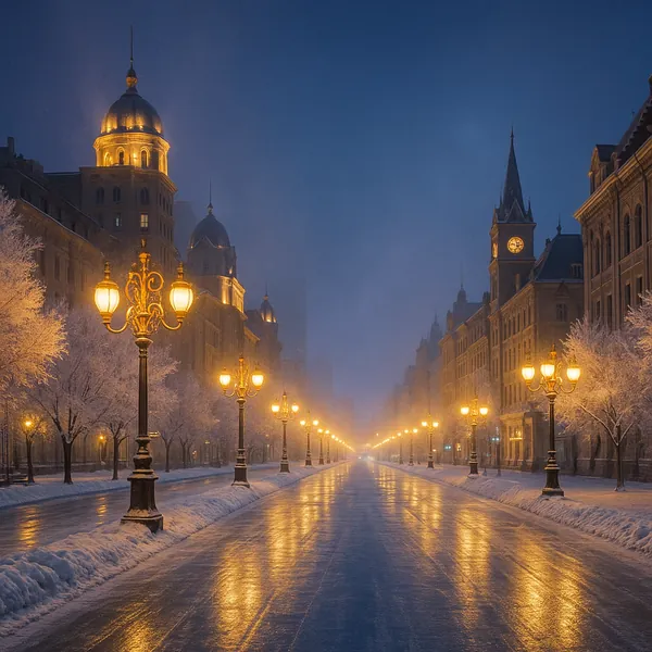 Discover a puzzle with a serene winter cityscape: a snow-lined avenue flanked by historic buildings and a distant clock tower, lit by rows of warm, golden lamp