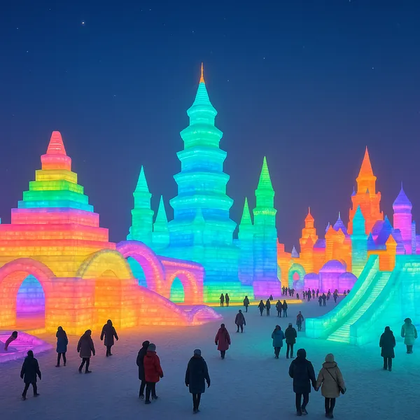 Discover a puzzle with a glowing ice castle festival lit in vivid rainbow colors against a deep night sky.