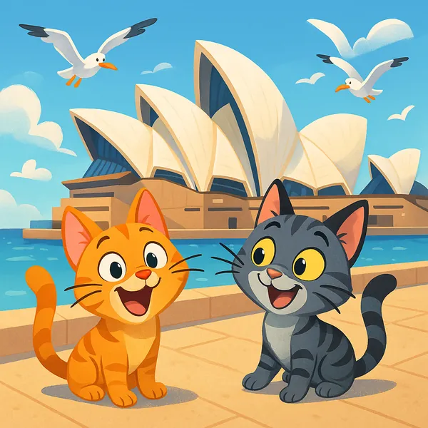 Enjoy assembling a puzzle depicting two cheerful cartoon kittens posing in front of the iconic Sydney Opera House by the sparkling blue harbor.