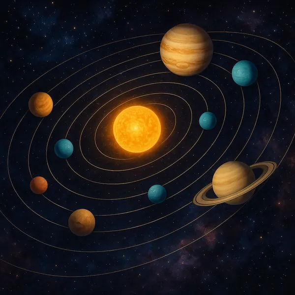 Enjoy an online jigsaw puzzle designed for browser play, featuring a stylized solar system full of planets orbiting a glowing star.