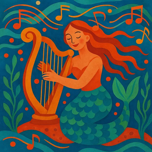 Enjoy assembling a puzzle depicting a serene mermaid playing a harp beneath the waves, rendered in warm oranges and deep teal-greens with playful musical notes
